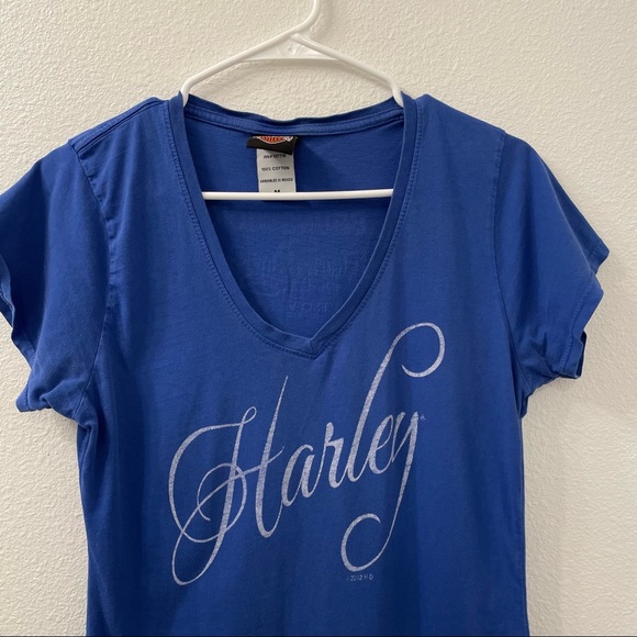Harley Davidson v neck shirt blue medium - Picture 2 of 4